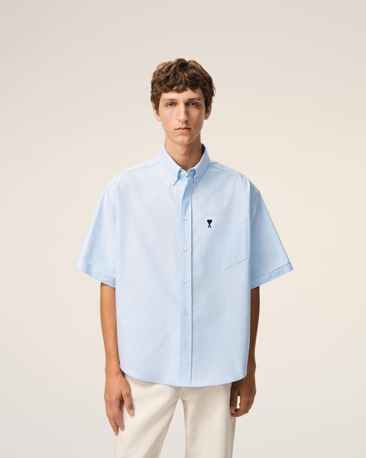 AMI Blue Cotton Boxy Embroidered Ami De Coeur for men