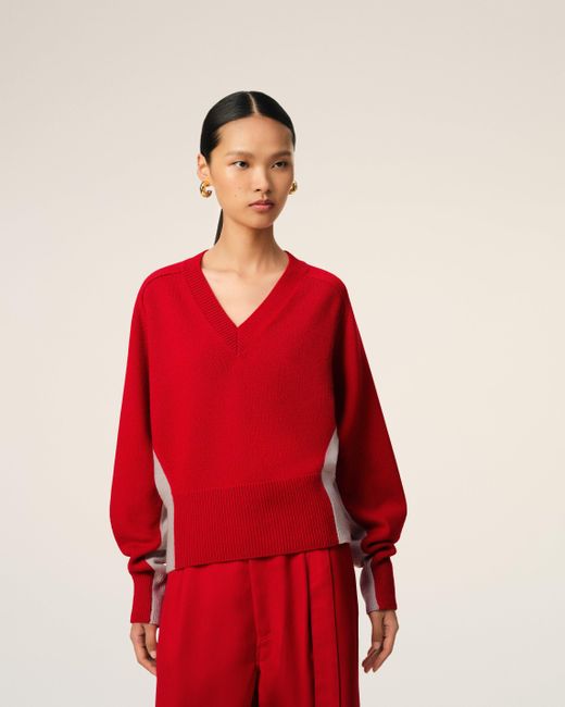 AMI Red Zweifarbiger Pullover Aus Roter Wolle Mit V-Ausschnitt