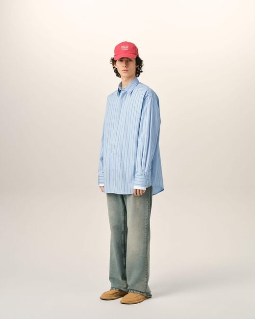 AMI Blue Large Striped Cotton Shirt With Removable Collar