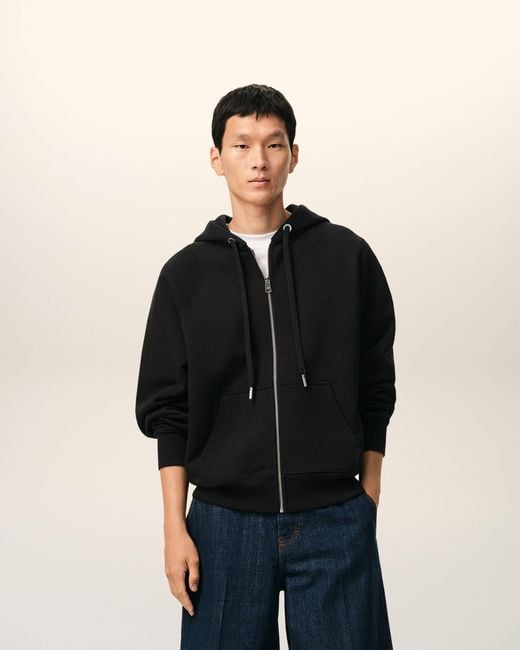 AMI Black Zipped Cotton Hoodie With Embossed Ami De Coeur