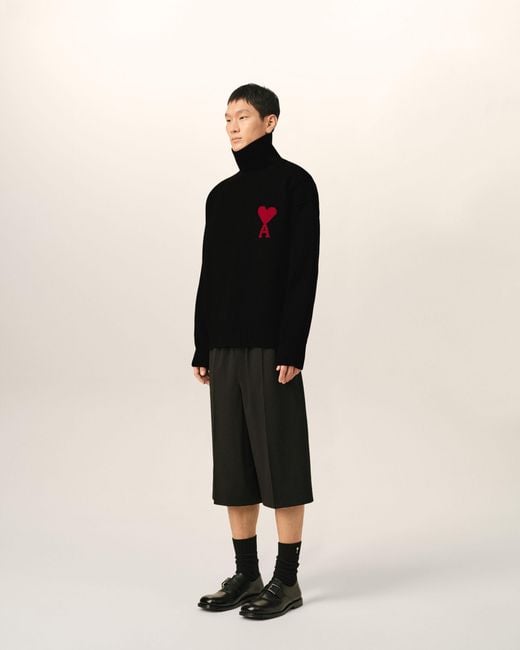 AMI Black Funell Neck Wool Sweater With Ami De Coeur