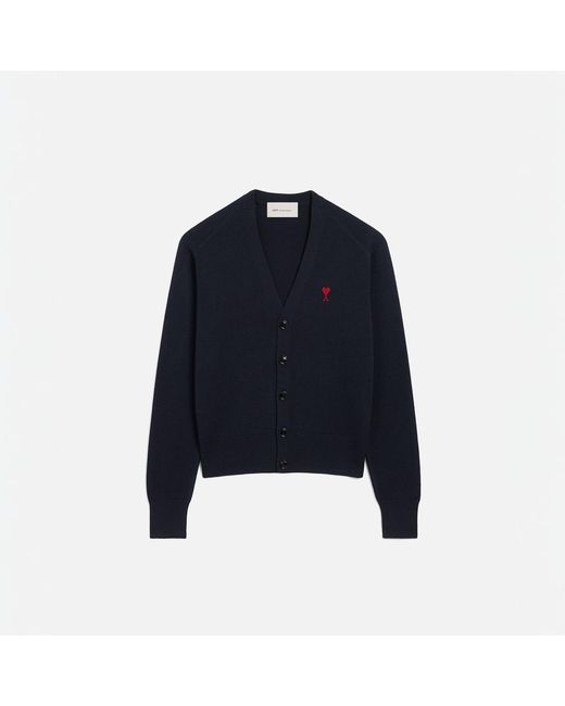 AMI Blue V Neck Wool Cardigan With Ami De Coeur for men