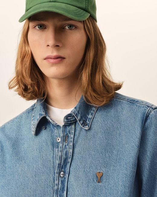 AMI Blue Denim Cotton Ami De Coeur Shirt