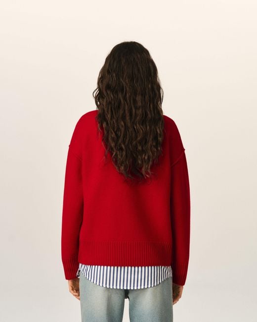 AMI Red Crewneck Wool Cardigan With Ami De Coeur