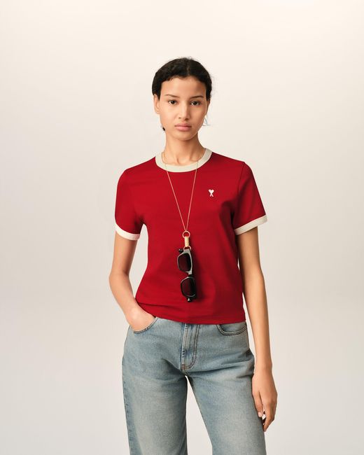AMI Red Contrasted Cotton T-Shirt With Ami De Coeur
