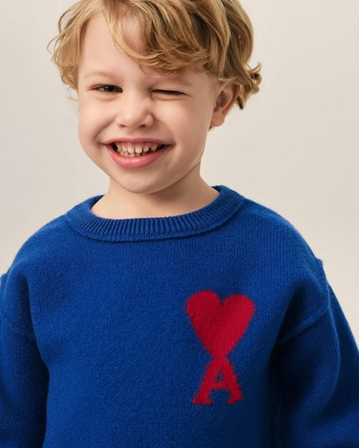 AMI Blue Crewneck Wool Sweater With Ami De Coeur