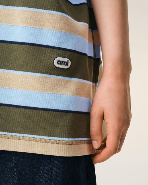 AMI Blue Striped Cotton Ami Patch Polo