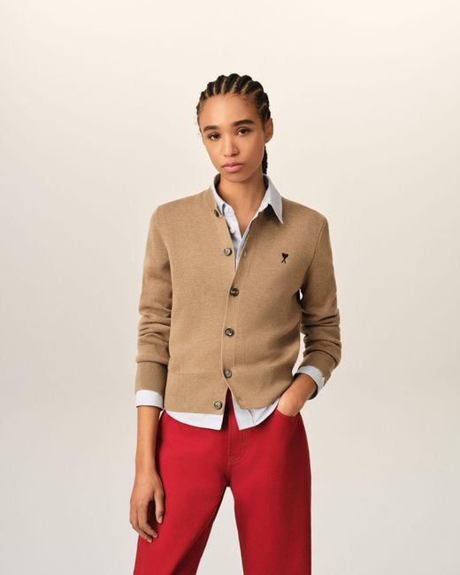 AMI Natural Crewneck Wool Cardigan With Ami De Coeur