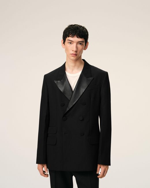 AMI Black New Wool Double Breasted Straight Smocking Jacket for men