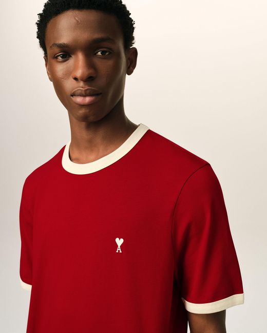 AMI Red Contrasted Cotton T-Shirt With Ami De Coeur for men