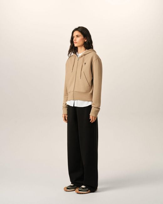 AMI Natural Zipped Cotton Hoodie With Ami De Coeur