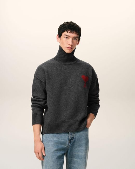 AMI Black Funell Neck Wool Sweater With Ami De Coeur