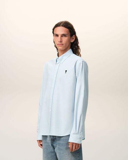 AMI Blue Stripped Cotton Shirt With Ami De Coeur for men