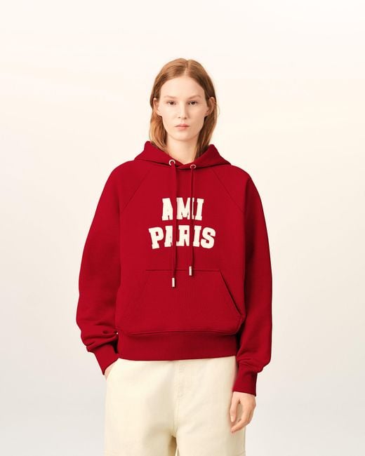 AMI Red Cotton Hoodie With Embroidery