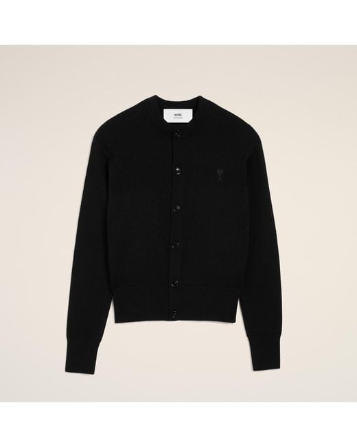 AMI Black Crewneck Wool Cardigan With Ami De Coeur