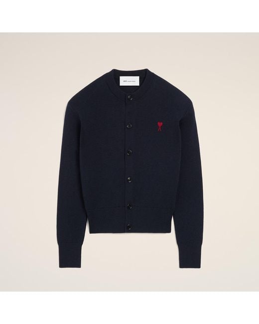 AMI Blue Crewneck Wool Cardigan With Ami De Coeur