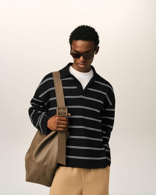 AMI Black Cotton Ami Patch Striped Polo