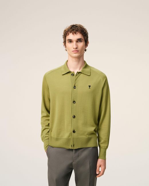 AMI Green Wool Shirt Collar Ami De Coeur Cardigan for men
