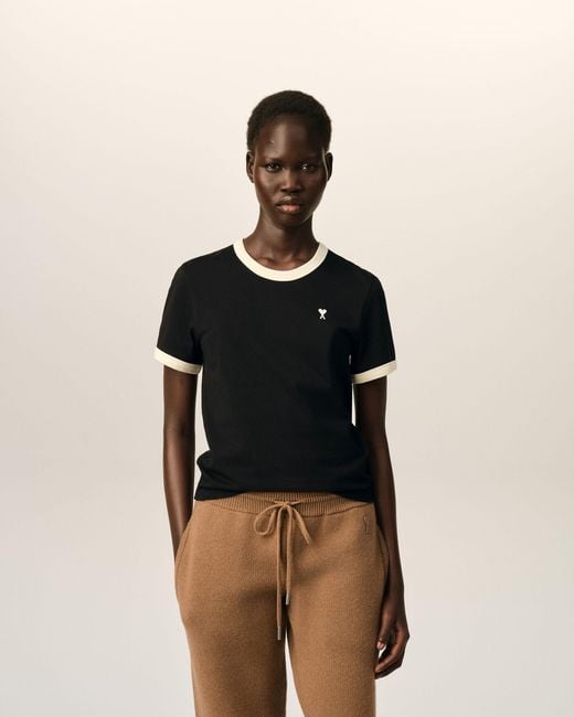 AMI Black Contrasted Cotton T-Shirt With Ami De Coeur