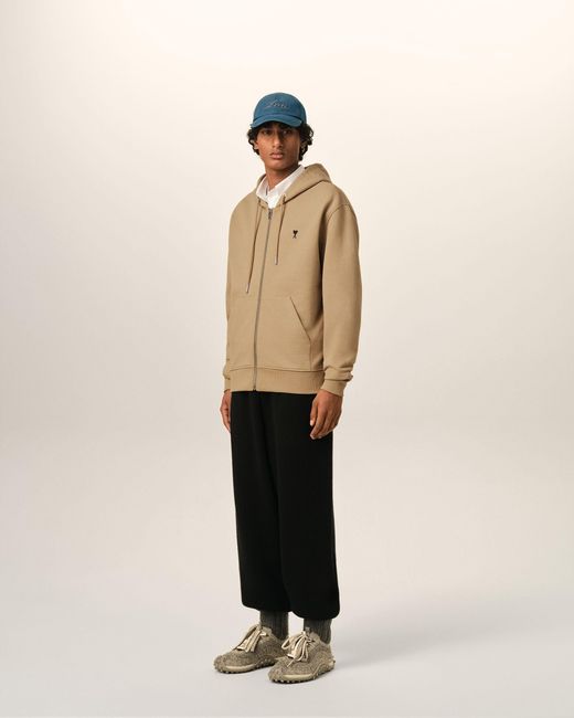 AMI Natural Zipped Cotton Hoodie With Ami De Coeur for men