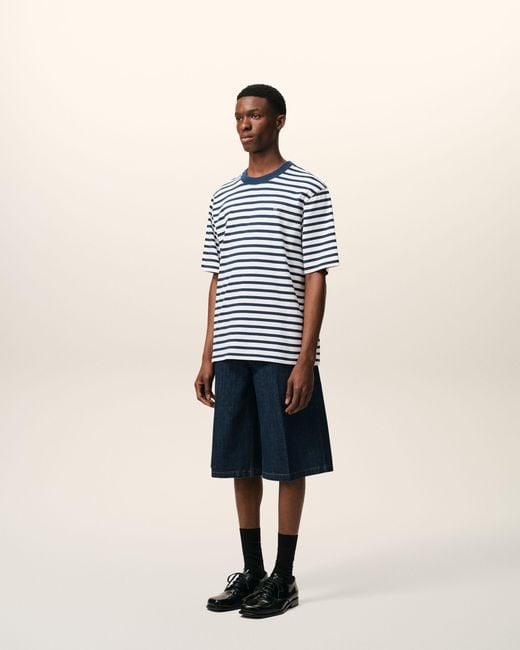AMI Blue Cotton Boxy Fit Mariniere Ami De Coeur T-Shirt