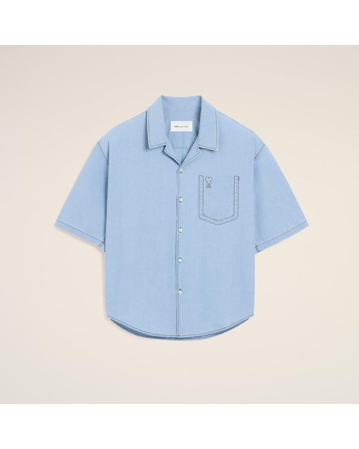 AMI Blue Boxy Cotton Short-Sleeve Shirt With Ami De Coeur for men