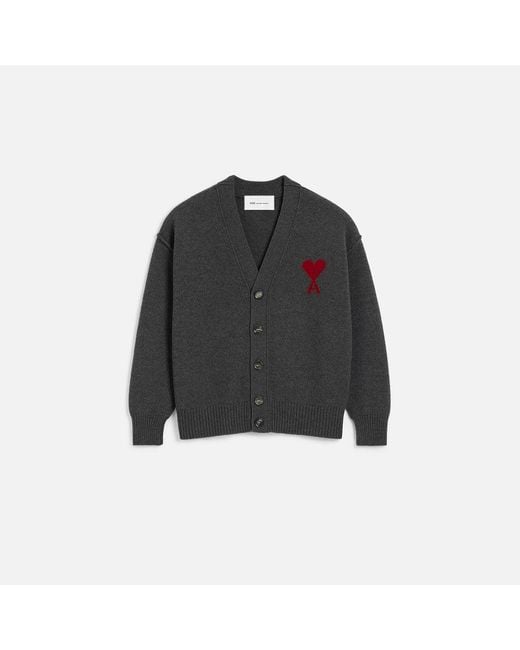AMI Black Wool Cardigan With Contrasted Ami De Coeur