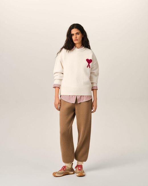 AMI Natural Crewneck Wool Sweater With Ami De Coeur