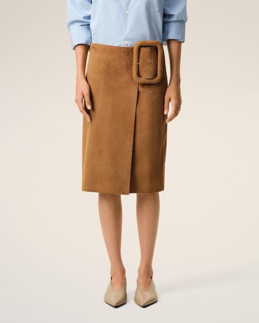 AMI Natural Goat Leather Big Buckle Belted Midi Skirt