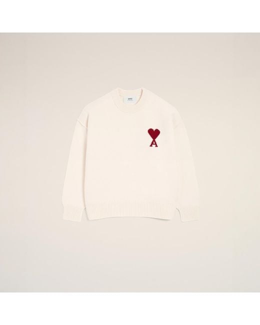 AMI Natural Crewneck Wool Sweater With Ami De Coeur