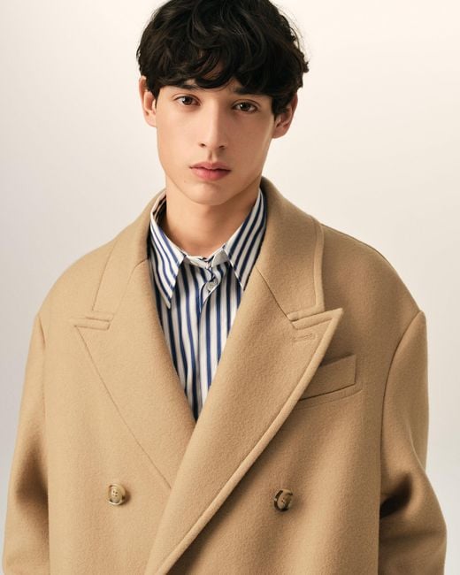 AMI Natural Long Double Breasted Wool Coat for men