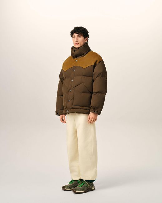 AMI Brown Nylon And Cotton Down Jacket With Leather Panels