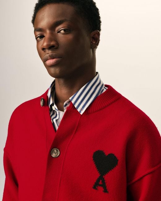 AMI Red Crewneck Wool Cardigan With Ami De Coeur