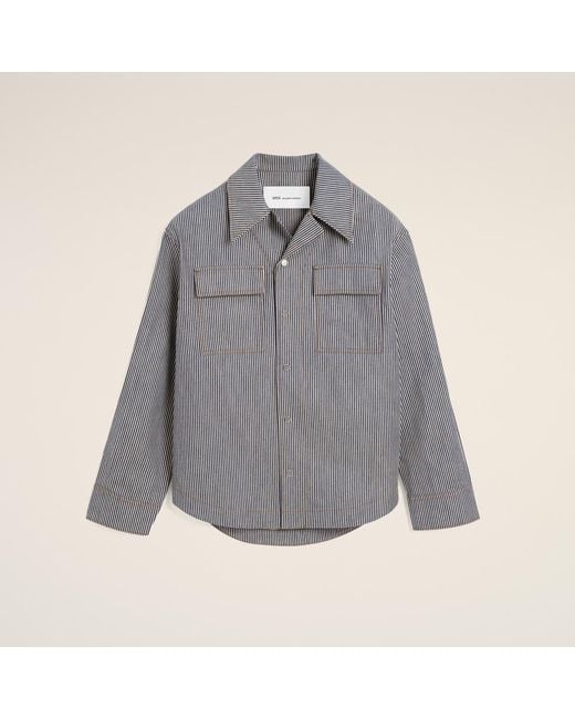 AMI Gray Striped Cotton Camp Collar Overshirt for men