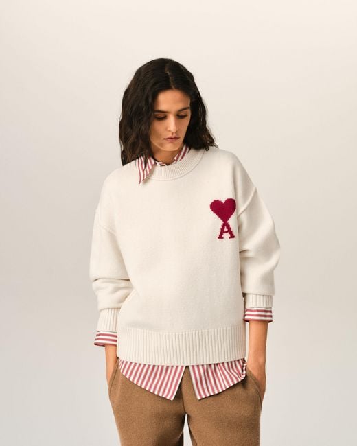 AMI Natural Crewneck Wool Sweater With Ami De Coeur
