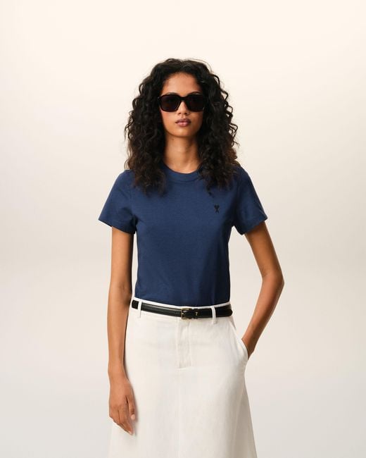 AMI Blue Cotton Ami De Coeur Cropped T-Shirt