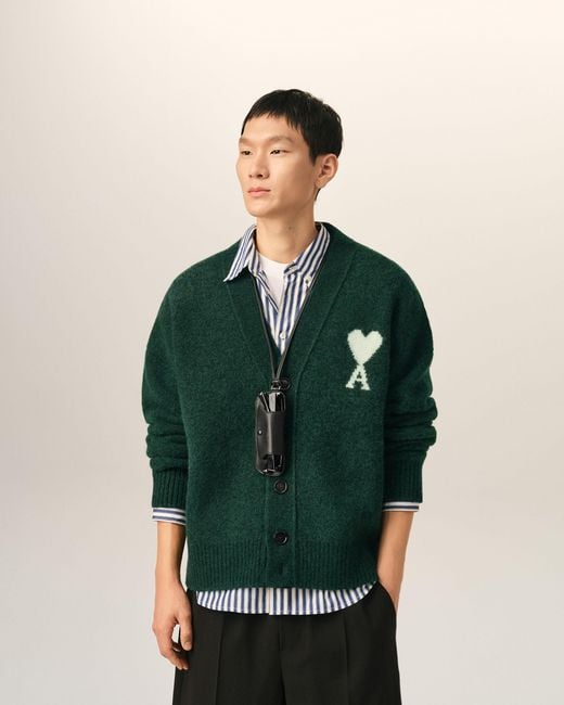 AMI Green Alpaca Cardigan With Ami De Coeur