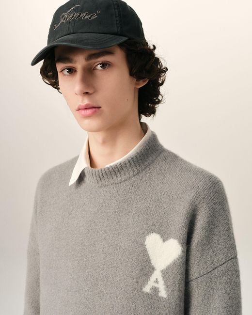 AMI Gray Crewneck Alpaca Sweater With Ami De Coeur