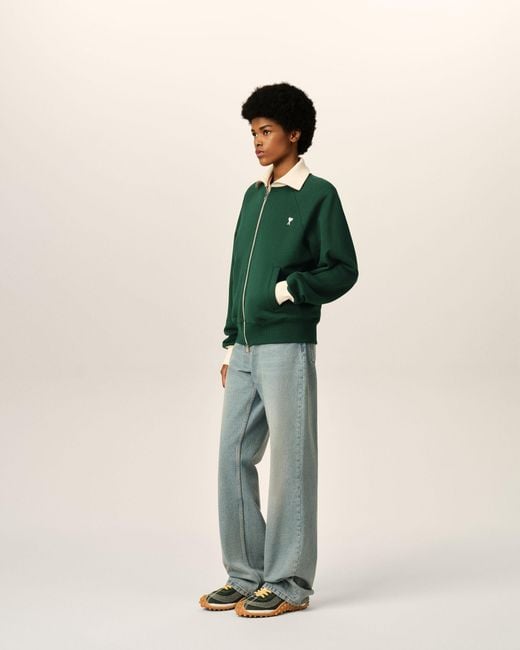 AMI Green Zipped Cotton Sweatshirt With Ami De Coeur