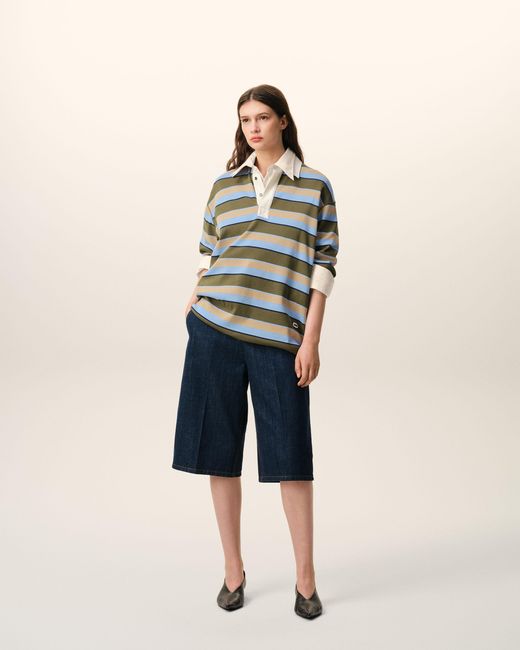 AMI Blue Striped Cotton Ami Patch Polo