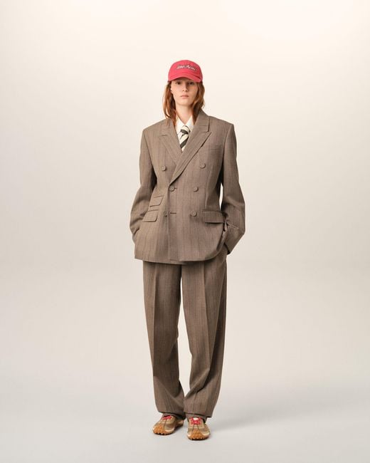 AMI Natural Double Breasted Striped Wool Blazer