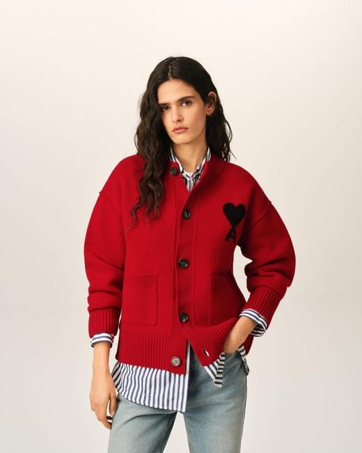 AMI Red Crewneck Wool Cardigan With Ami De Coeur