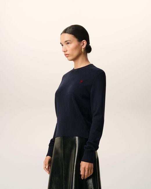 AMI Blue Classic Crew Neck Sweater With Embroidered Heart Detail