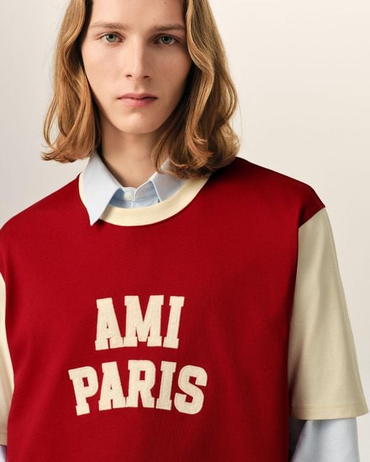 AMI Red Cotton T-Shirt With Embroidery