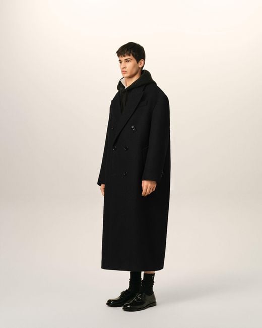 AMI Black Long Double Breasted Wool Coat for men
