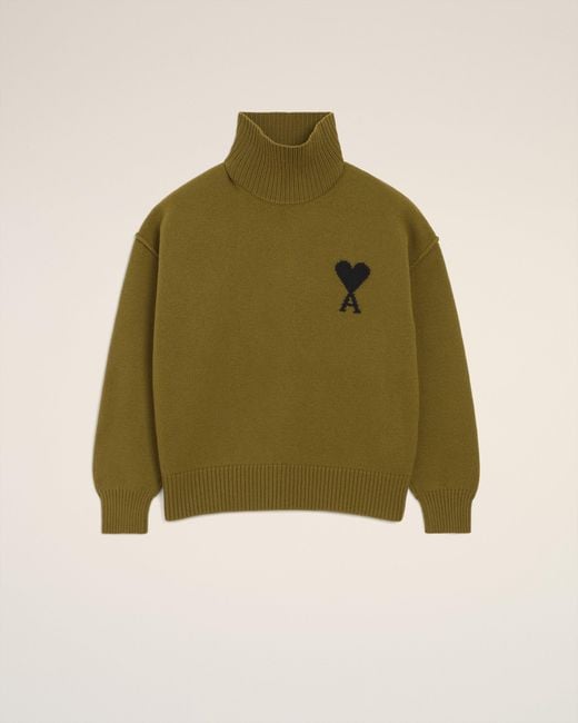 AMI Green Khaki Wool Ami De Coeur Funnel Neck Sweater
