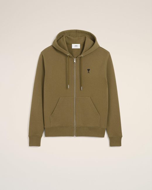 AMI Green Cotton Zipped Ami De Coeur Hoodie for men