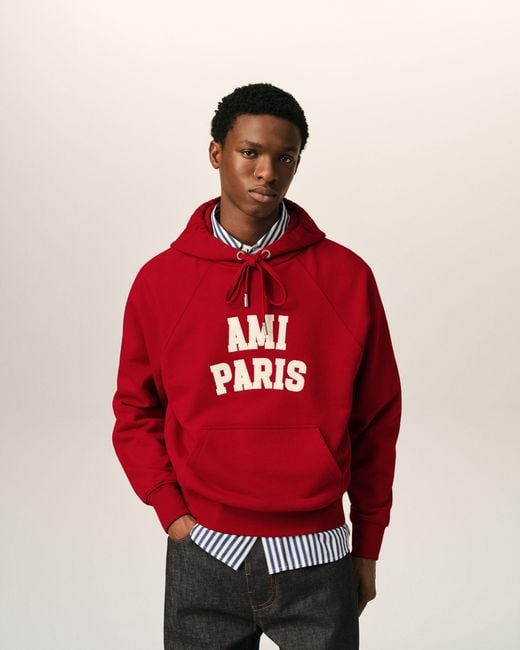 AMI Red Cotton Hoodie With Embroidery