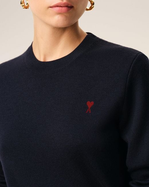 AMI Blue Classic Crew Neck Sweater With Embroidered Heart Detail