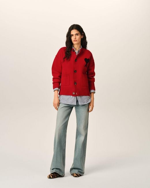 AMI Red Crewneck Wool Cardigan With Ami De Coeur
